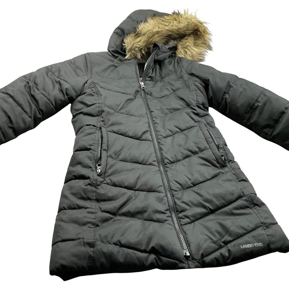 Lands' End Puffer Parka Faux Fur Hood Black Girl Small PrimaLoft Quilted Coat